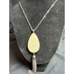 Silver Tone Long Tassel Necklace Pale Yellow Glitter Teardrop Pendant Druzy Look
